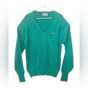 Vintage Pickering Green V-Neck Sweater Pebble Beach Embroidered Logo USA Made XL